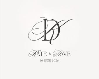 May include: A wedding invitation with a monogram of the letters "DK" in a decorative script. The names "Kate & Dave" are below the monogram, along with the date "16 June 2026" in a simple font.