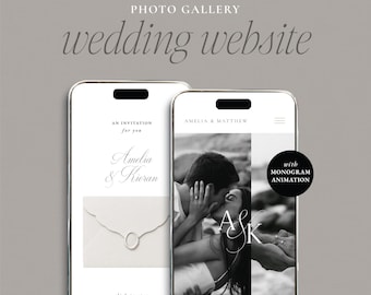 May include: Two smartphones displaying a wedding website interface. The left screen shows an invitation for Amelia & Kieran with an envelope graphic. The right screen features a black and white photo of a couple with the monogram A&K and a black circle badge stating with MONOGRAM ANIMATION.