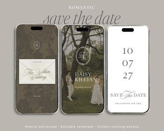 May include: Three smartphone screens displaying a digital save the date template. The first shows an envelope graphic, the second a couple in a park with the text Daisy & Killian, and the third the date 10 07 27 with the text Save The Date.