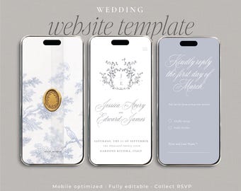 May include: Three smartphone screens displaying a wedding website template. The first shows a blue toile pattern with a gold wax seal. The second features a floral crest with names Jessica Avery and Edward James. The third is an RSVP form.