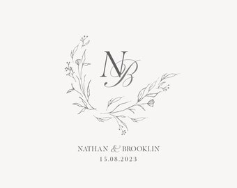 Floral crest wedding Monogram, Fine art botanical Couple Logo, Calligraphy Wedding Monogram, Initial Logo, Customizable wedding monogram