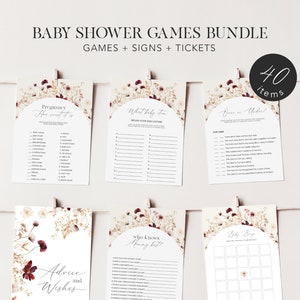 Boho Fall baby shower games bundle, Autumn Flowers baby shower games template printable, Autumn wildflowers boho shower games bundle, modern