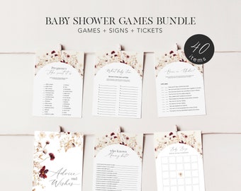 Boho Fall baby shower games bundle, Autumn Flowers baby shower games template printable, Autumn wildflowers boho shower games bundle, modern