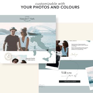May include: A wedding invitation template with a blue and white color scheme. The template features a photo of a couple in front of a bridge, a map of Italy, and the text "Hannah & Mark".