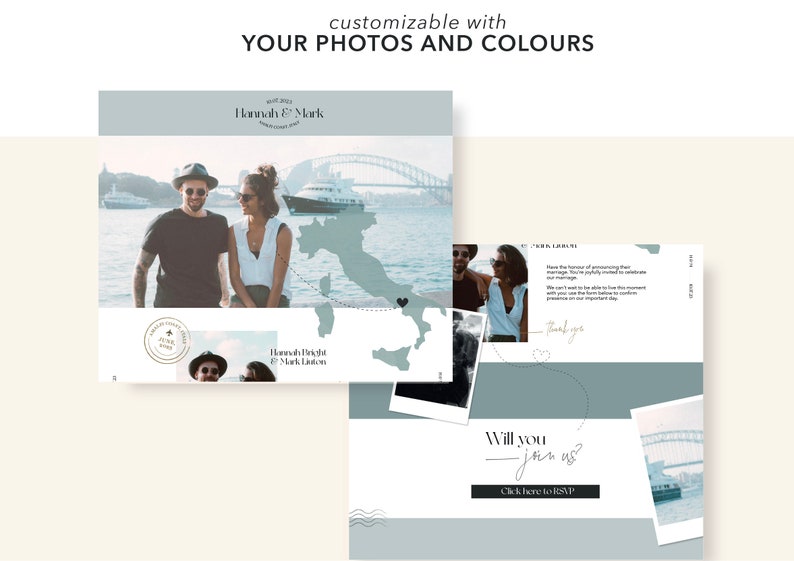 May include: A wedding invitation template with a blue and white color scheme. The template features a photo of a couple in front of a bridge, a map of Italy, and the text "Hannah & Mark".