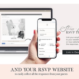 May include: A laptop computer screen displays a wedding website with a photo of a couple and a video player icon. A hand holds a smartphone displaying a wedding RSVP form with a black circle next to "Accept with Pleasure" and a white circle next to "Declines with Regret". The text "Stress-free RSVP TRACK" is displayed above a QR code.