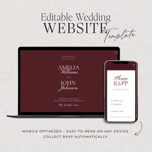 May include: A laptop and smartphone display a wedding website template. The laptop screen shows the names Amelia Williams and John Johnson. The smartphone displays an RSVP form. The text "Editable Wedding WEBSITE Template" is at the top.