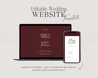 May include: A laptop and smartphone display a wedding website template. The laptop screen shows the names Amelia Williams and John Johnson. The smartphone displays an RSVP form. The text "Editable Wedding WEBSITE Template" is at the top.