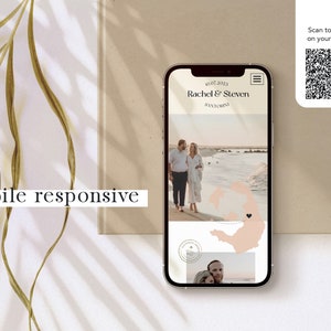 May include: A mobile phone screen displaying a wedding website with the text "Rachel & Steven" and a map of Santorini, Greece. The website also includes a photo of the couple walking on a beach.