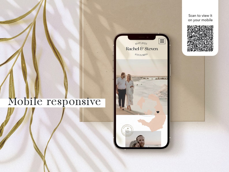 May include: A mobile phone screen displaying a wedding website with the text "Rachel & Steven" and a map of Santorini, Greece. The website also includes a photo of the couple walking on a beach.