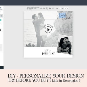 May include: A black and white wedding invitation with a photo of a couple on the beach. The invitation includes the text "Will you join us?" and a play button to watch a video. The invitation is designed in a modern style with a minimalist aesthetic.