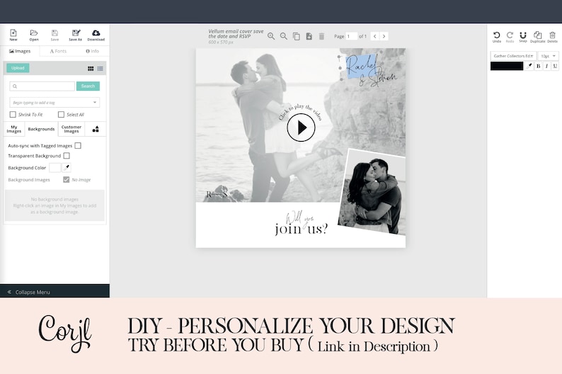 May include: A black and white wedding invitation with a photo of a couple on the beach. The invitation includes the text "Will you join us?" and a play button to watch a video. The invitation is designed in a modern style with a minimalist aesthetic.