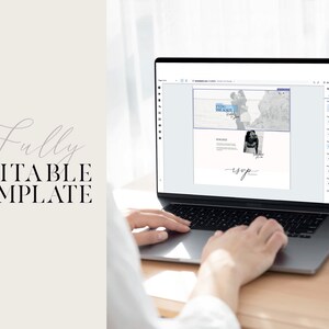 Pu&ograve; includere: Una persona che utilizza un laptop per modificare un modello di invito di nozze. Il modello presenta una foto di una coppia e il testo "Time to say "I do"". Il modello include anche una sezione RSVP.