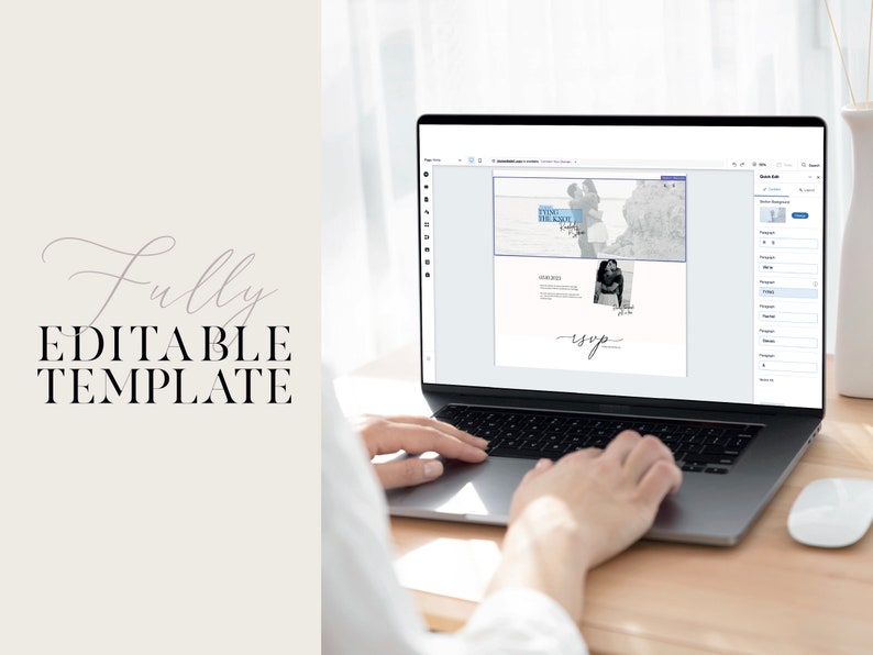 Pu&ograve; includere: Una persona che utilizza un laptop per modificare un modello di invito di nozze. Il modello presenta una foto di una coppia e il testo "Time to say "I do"". Il modello include anche una sezione RSVP.