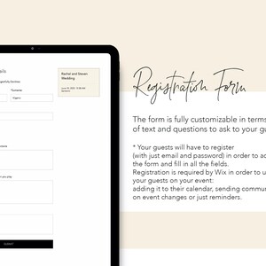 May include: A white and gray digital form with the text "Registration Form" and the text "The form is fully customizable in terms of text and questions to ask to your guests *."  The form is for a wedding and includes fields for name, email, and additional guests.