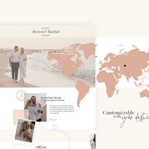 May include: A wedding announcement with a map of the world showing a flight path from the United States to Asia. The announcement includes the couple's names, "Steven & Rachel", and the text "Customizable with your destination".