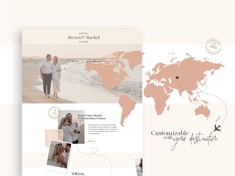 May include: A wedding announcement with a map of the world showing a flight path from the United States to Asia. The announcement includes the couple's names, "Steven & Rachel", and the text "Customizable with your destination".