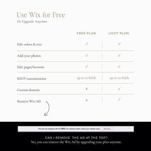 May include: A comparison chart for Wix website plans, featuring Free and Light options. The chart details features like editing colors and text, adding photos, and RSVP customization. The text "Use Wix for Free" is at the top, with additional text at the bottom.