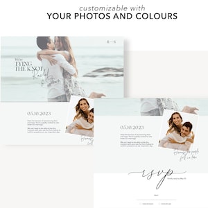 Pu&ograve; includere: Un modello di invito di nozze con una foto di coppia sul davanti e una carta RSVP con una foto di coppia sul retro. Il testo sul davanti dice "We're tying the knot, Rachel & Sithan" e la data "05.10.2023". Il testo sul retro dice "RSVP" e "Because two people fell in love".
