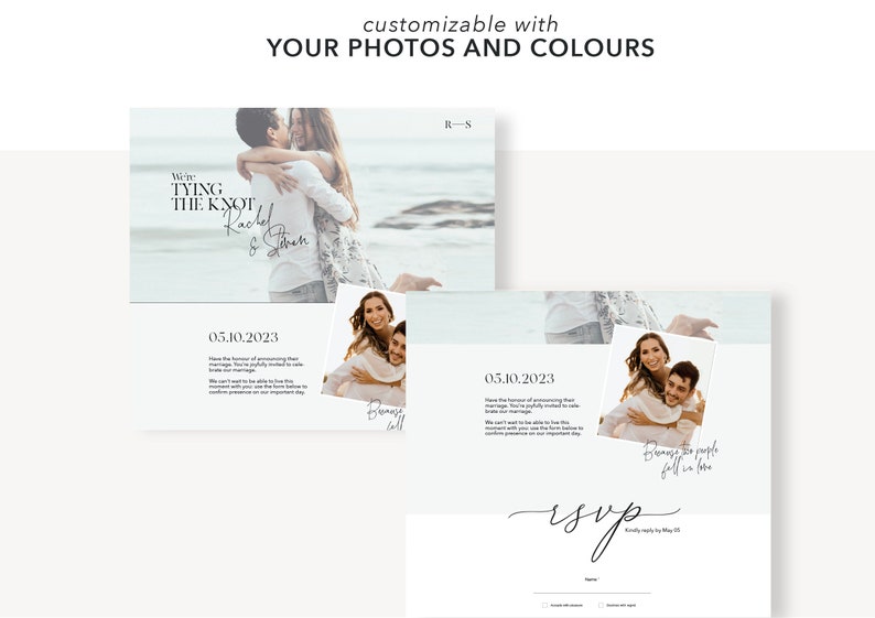 Pu&ograve; includere: Un modello di invito di nozze con una foto di coppia sul davanti e una carta RSVP con una foto di coppia sul retro. Il testo sul davanti dice "We're tying the knot, Rachel & Sithan" e la data "05.10.2023". Il testo sul retro dice "RSVP" e "Because two people fell in love".
