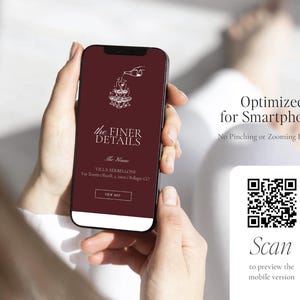 May include: A smartphone displaying a maroon screen with white text and graphics. The screen reads "the FINER DETAILS" and includes a QR code for scanning. The phone is held in a person's hands.