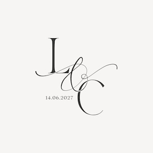 Könnte beinhalten: Elegantes Monogramm-Design mit den verschlungenen Buchstaben "L" und "C" in einer fließenden Schrift. Unter den Buchstaben ist das Datum "14.06.2027" angegeben. Das Design ist dunkel auf hellem Hintergrund, ideal für Hochzeitskarten.