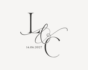 May include: Elegant monogram design featuring the intertwined letters "L" and "C" in a flowing script. Below the letters, the date "14.06.2027" is displayed. The design is in a dark color against a light background, suitable for wedding invitations or stationery.