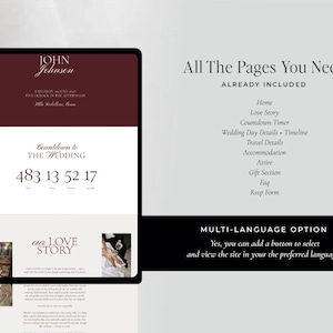 May include: A digital wedding website template displayed on a tablet. The top section is burgundy with the names "JOHN Johnson" in white. The website includes a countdown timer, love story section, and multi-language options.