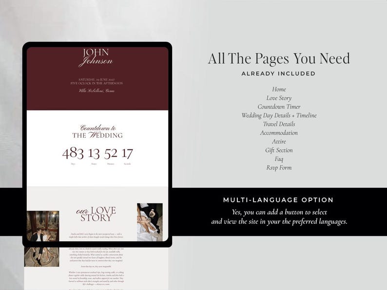 May include: A digital wedding website template displayed on a tablet. The top section is burgundy with the names "JOHN Johnson" in white. The website includes a countdown timer, love story section, and multi-language options.