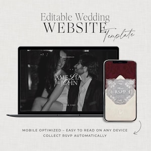 May include: A laptop and smartphone showcasing a wedding website template. The laptop screen displays a monochrome photo of a couple with the text "AME & JOHN". The smartphone shows a burgundy RSVP card.
