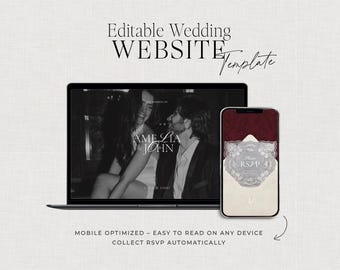 May include: A laptop and smartphone displaying a wedding website template. The laptop screen shows a black and white photo of a couple with the text "AME & JOHN". The smartphone displays a burgundy RSVP card.