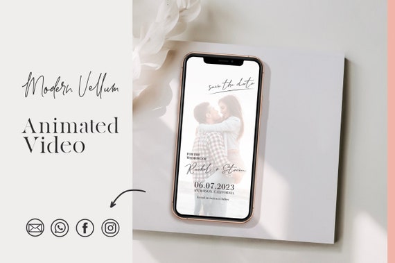 Modern Vellum Wedding Save the Date Video, Electronic Editable save the date, Whatsapp Wedding Invitation, Mobile Save the Date Digital Card