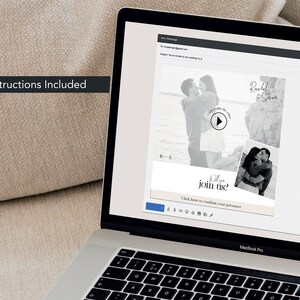 May include: A laptop screen displaying a wedding invitation with a black and white photo of a couple. The invitation includes the text "Will you join us?" and a play button to view a video.