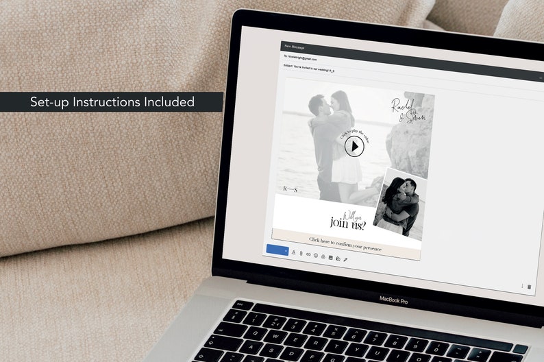 May include: A laptop screen displaying a wedding invitation with a black and white photo of a couple. The invitation includes the text "Will you join us?" and a play button to view a video.