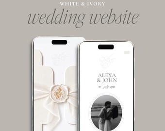 May include: Two smartphones displaying a white and ivory wedding website. The left screen shows an invitation with a wax seal and ribbon. The right screen displays the names Alexa & John, the date July 10, 2027, and a circular black and white photo.