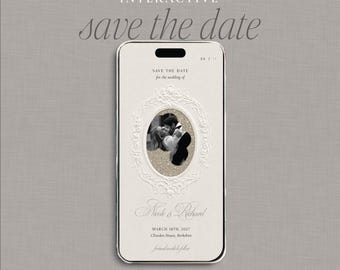 May include: A smartphone screen displaying an interactive digital save the date card. The design features a white ornate oval frame containing a black and white photograph of a couple, with the text Nicole & Richard, March 18th, 2027, Cliveden House, Berkshire.