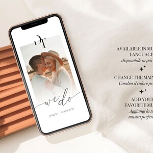 May include: A smartphone mockup displaying a wedding invitation template with a photo of a couple, the text "wedo", and the words "AVAILABLE IN MULTIPLE LANGUAGES" and "CHANGE THE MAIN COLOR" in black text on a white background.