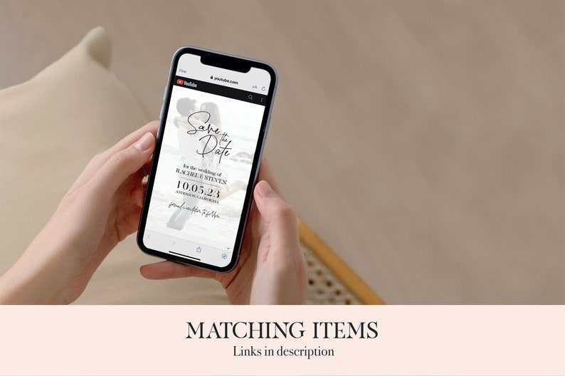May include: A mobile phone screen displaying a save the date card with a photo of a couple and the text "Save the Date" for the wedding of Rachel & Steven on 10.05.23. The text "from laughter to forever" is also included.