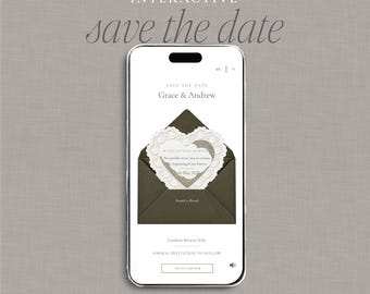 May include: A smartphone screen displaying an interactive digital save the date invitation. The design features a dark olive green envelope containing a heart-shaped card with white lace trim, text reading Grace & Andrew, and a scratch to reveal feature.