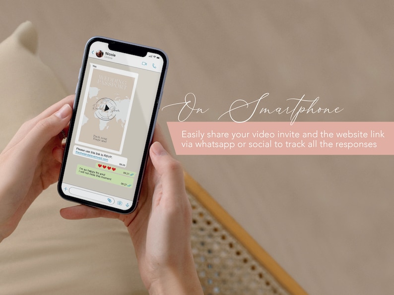May include: A smartphone screen displaying a video invitation with a world map background and a play button. The text "Please use this link to RSVP" is visible on the screen. The invitation is being shared via a messaging app.
