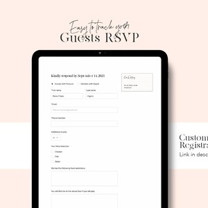 Puede incluir: Un formulario RSVP personalizable que se muestra en la pantalla de una tableta con el texto "Easy to track your Guests RSVP" en la parte superior. El formulario incluye campos para los nombres de los invitados, el correo electr&oacute;nico, el n&uacute;mero de tel&eacute;fono y las selecciones de comida. Tambi&eacute;n se incluye el texto "Kindly respond by September 14, 2023".