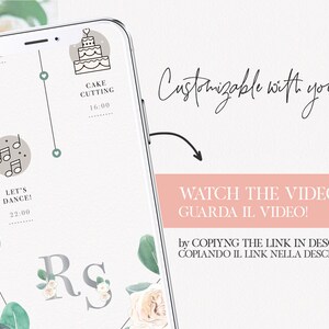 May include: A smartphone screen displaying a wedding timeline with icons for cake cutting and dancing. The screen is surrounded by floral illustrations and the initials "RS" are displayed at the bottom. The text "Customizable with your details" is displayed above the phone and the text "WATCH THE VIDEO! GUARDA IL VIDEO! by COPIYNG THE LINK IN DESCRIPTION COPLANDO IL LINK NELLA DESCRIZIONE" is displayed below the phone.