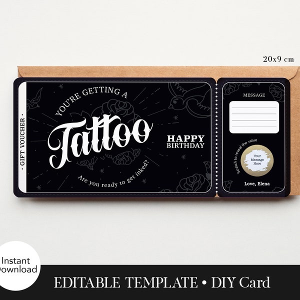 Tattoo Gift Coupon Idea - Birthday Gift Voucher, Love Coupon Template, Scratch Card Template, Printable Gift Coupon, Custom Birthday Voucher