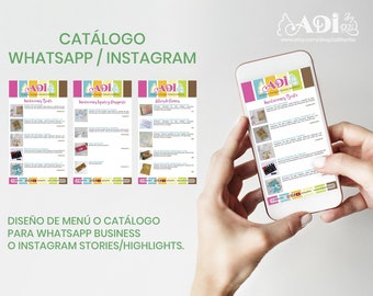 WhatsApp Business or Instagram Stories or Highlights catalog menu. Graphic design service. Digital catalog format. Digital menu.