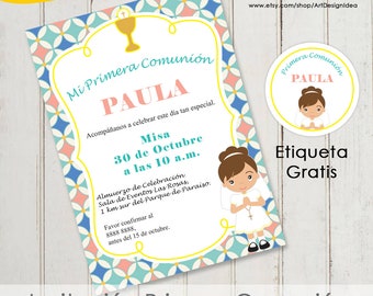 First communion invitation girl Spanish English or Italian digital file pdf jpg printable file Inviti prima comunione Tiles host & wine