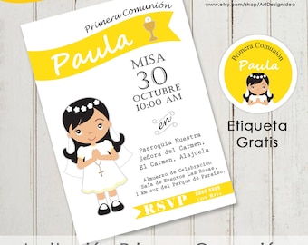 First communion invitation girl Spanish English or Italian digital file pdf and jpg file. printable file. Inviti prima comunione