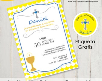 First communion invitation boy Spanish English or Italian digital file pdf jpg printable file Inviti prima comunione Scallops Host & wine