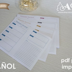 Planeador semanal, Español, plantilla imprimible, 1 diseño de hoja de Planner semanal, archivo pdf descarga inmediata. Texto en Español.