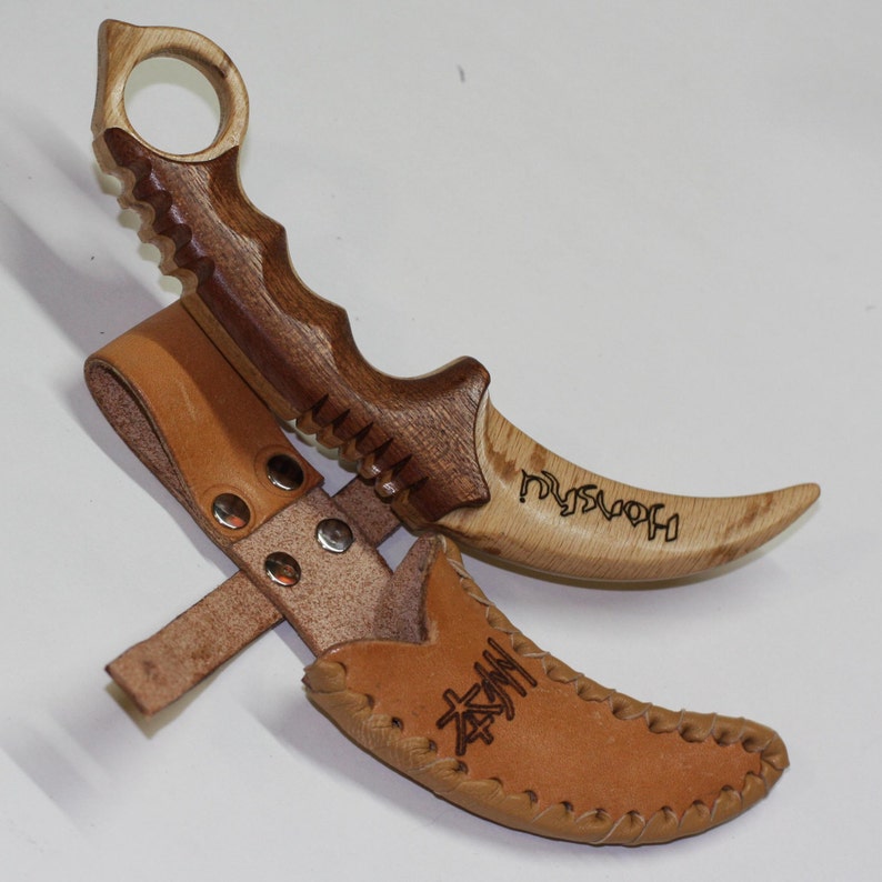 Toy wooden knife karambit with leather sheath Etsy