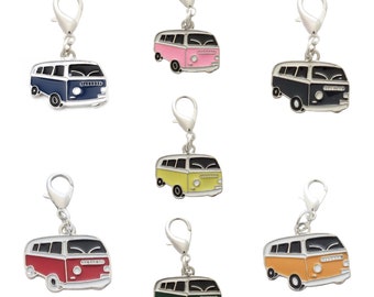 Enamelled Campervan Camper van - type 2 inspired - Orange Red Pink Yellow, Green Grey - Bag Charm - Clip-on Pendant - Zipper Charm